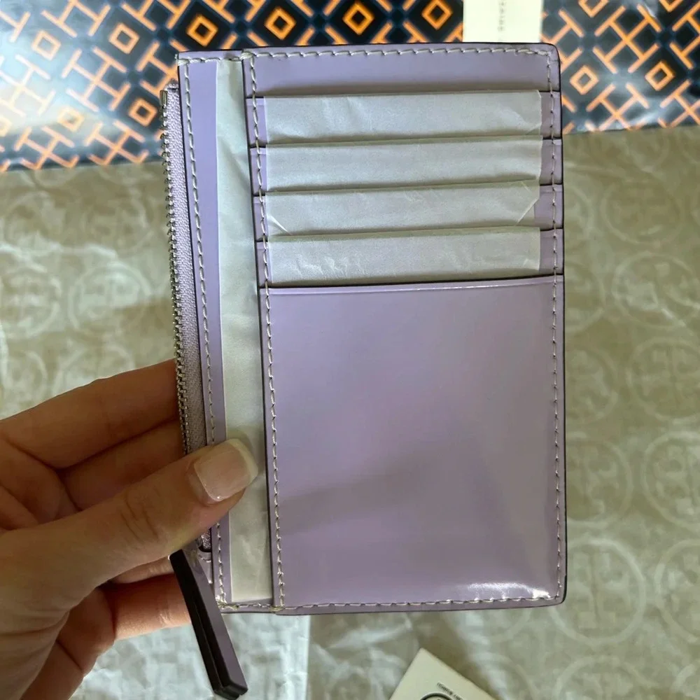 Tory Burch Britten Patent Zip Card Case Mini Wallet Lavender Silver Light Purple